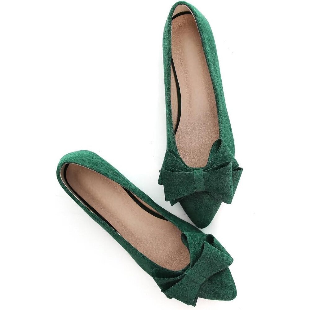 Women's Christmas Green Bowknot Ballet Flats Pointy Toe Casual Flat Shoes Suede - Picture 2 of 7